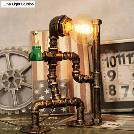 Wrought Iron Robot Table Lamp - Rustic Style With Plumbing Pipe 1 Bulb Antique Brass Bedroom