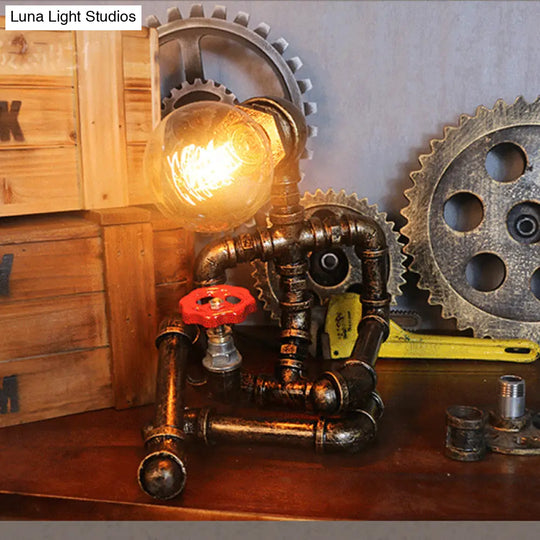 Wrought Iron Robot Table Lamp - Rustic Style With Plumbing Pipe 1 Bulb Antique Brass Bedroom