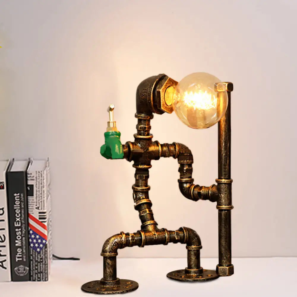 Wrought Iron Robot Table Lamp - Rustic Style With Plumbing Pipe 1 Bulb Antique Brass Bedroom