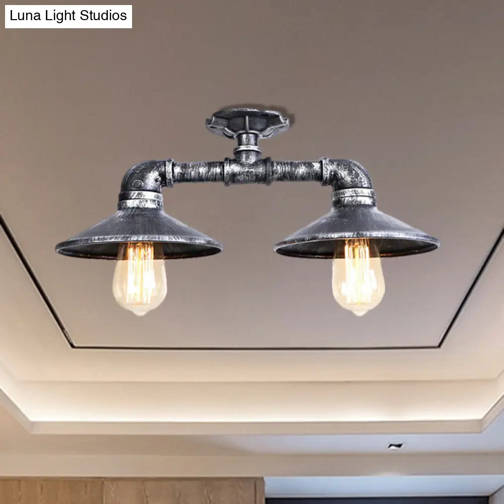 Wrought Iron Saucer Semi Flush Light - Retro Industrial Style 2 Lights Living Room Ceiling Mount In