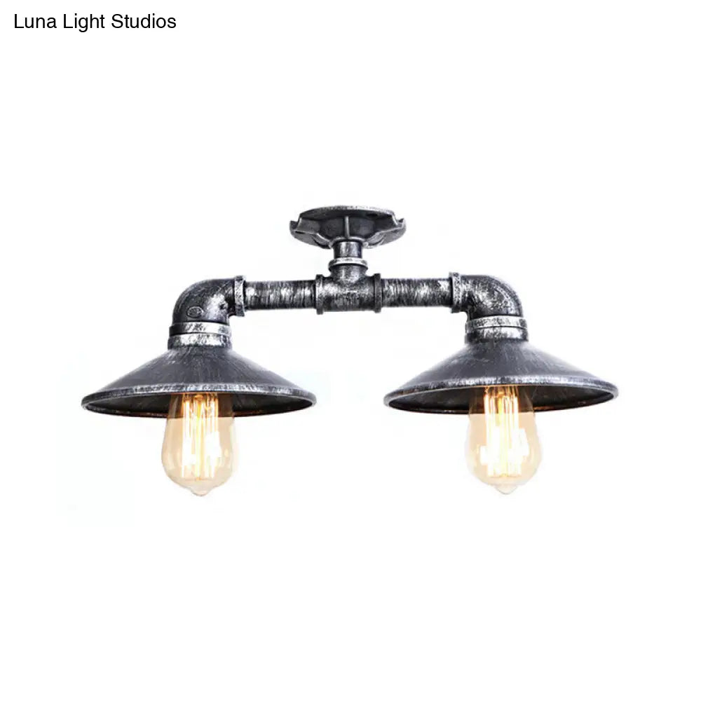 Wrought Iron Saucer Semi Flush Light - Retro Industrial Style 2 Lights Living Room Ceiling Mount In