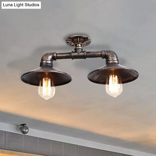 Wrought Iron Saucer Semi Flush Light - Retro Industrial Style 2 Lights Living Room Ceiling Mount In