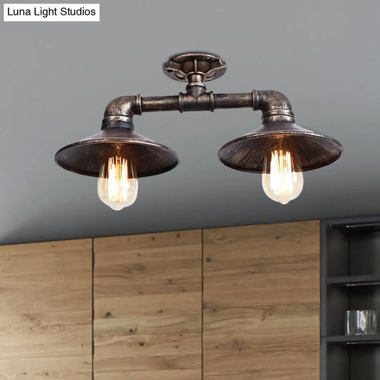 Wrought Iron Saucer Semi Flush Light - Retro Industrial Style 2 Lights Living Room Ceiling Mount In