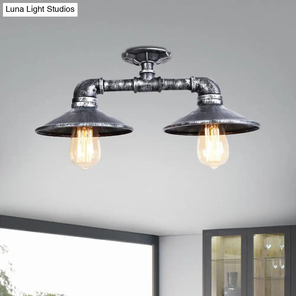 Wrought Iron Saucer Semi Flush Light - Retro Industrial Style 2 Lights Living Room Ceiling Mount In