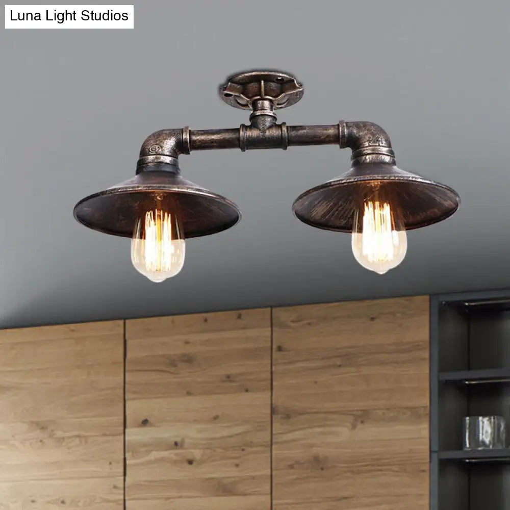 Wrought Iron Saucer Semi Flush Light - Retro Industrial Style 2 Lights Living Room Ceiling Mount In