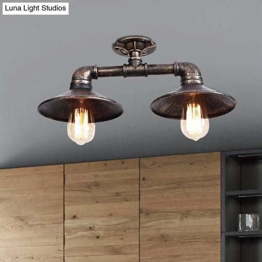 Wrought Iron Saucer Semi Flush Light - Retro Industrial Style 2 Lights Living Room Ceiling Mount In