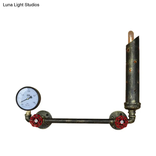 Wrought Iron Tubed Sconce Lighting With Valve And Gauge Vintage Wall Lamp