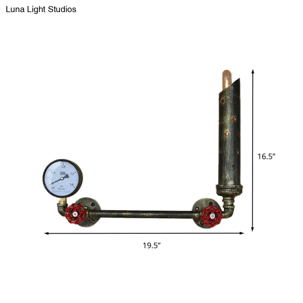 Wrought Iron Tubed Sconce Lighting With Valve And Gauge Vintage Wall Lamp