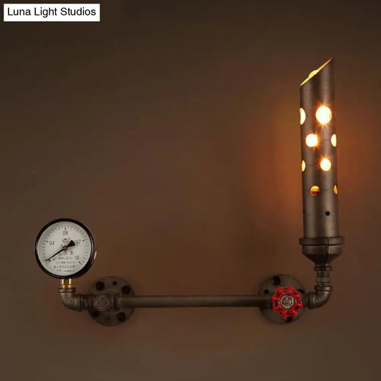 Wrought Iron Tubed Sconce Lighting With Valve And Gauge Vintage Wall Lamp