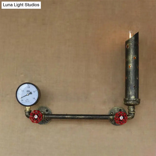 Wrought Iron Tubed Sconce Lighting With Valve And Gauge Vintage Wall Lamp