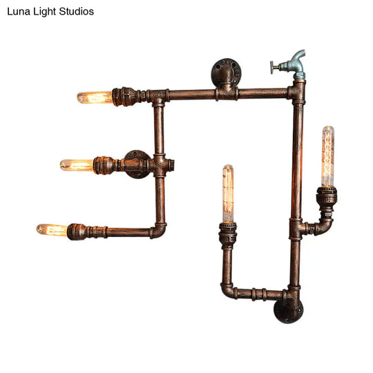 Wrought Iron Vintage Wall Sconce With Aged Brass Finish & 5 Bare Bulb Lights - Piped Design Mount