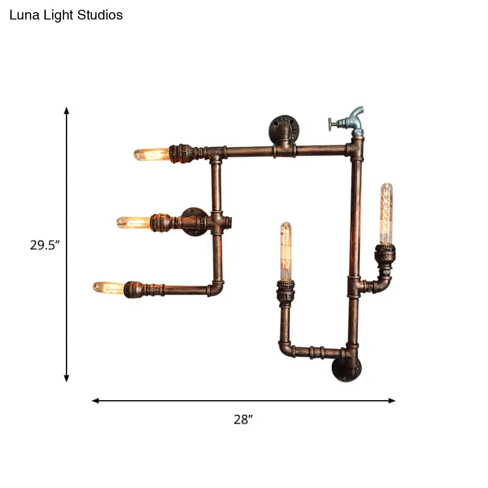 Wrought Iron Vintage Wall Sconce With Aged Brass Finish & 5 Bare Bulb Lights - Piped Design Mount