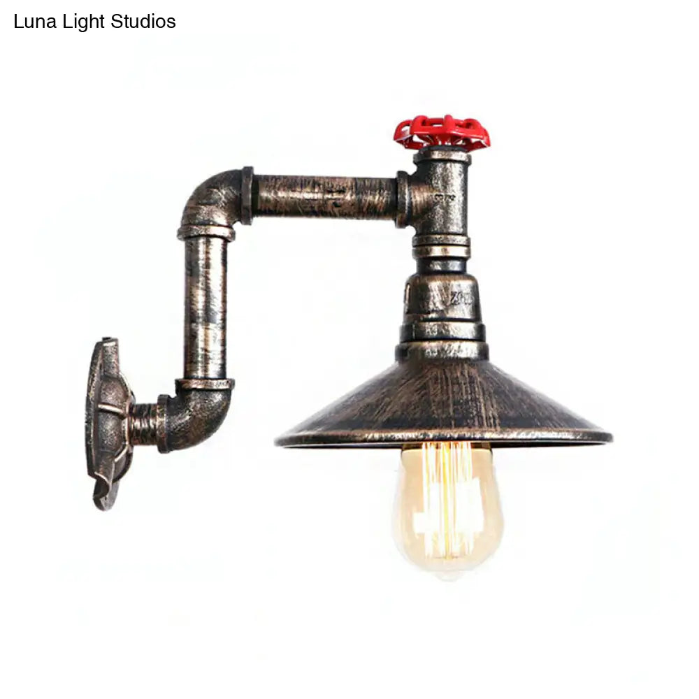 Wrought Iron Water Pipe Wall Lamp With Saucer Shade - Retro Vintage Balcony Sconce Lighting In Aged