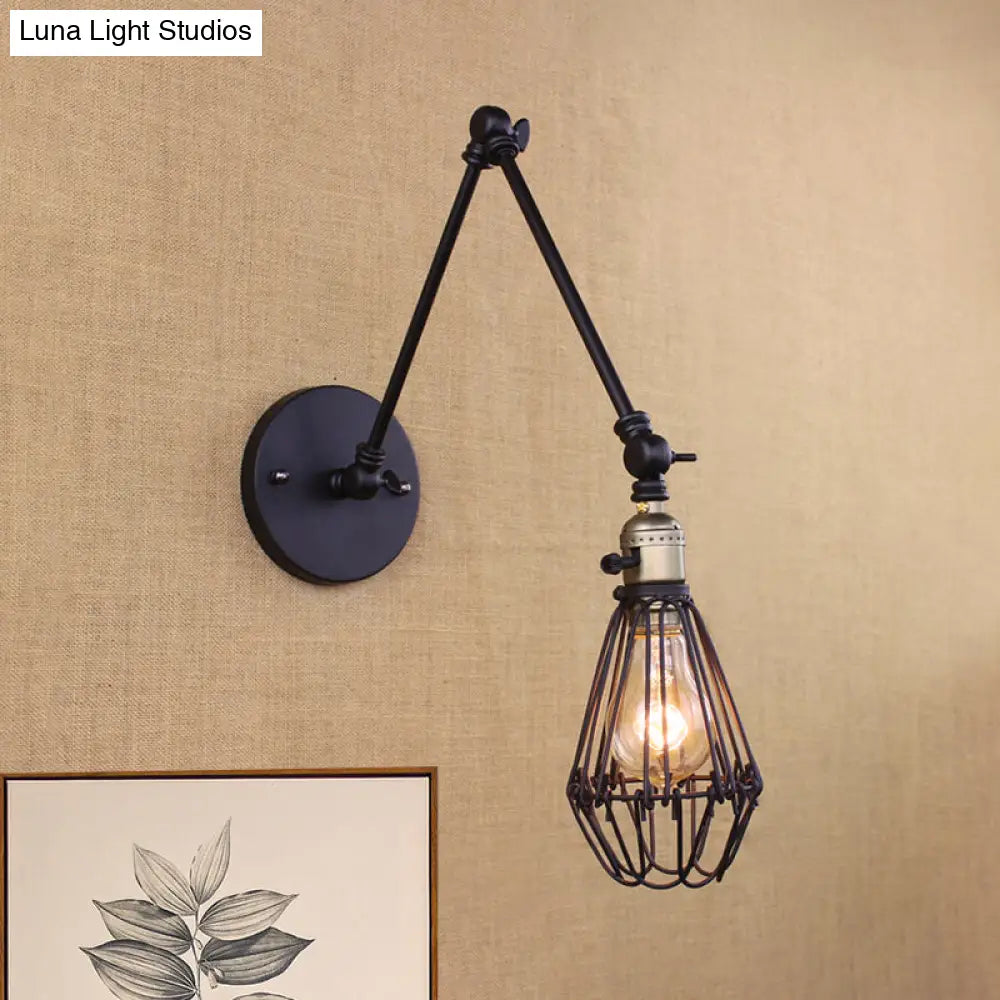 Wrought Iron Wire Cage Wall Sconce Light - Farmhouse Style Adjustable Arm Bronze/Brass Finish