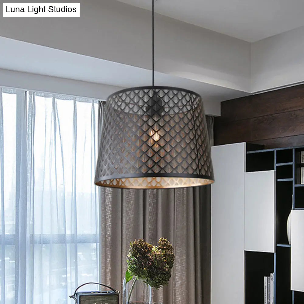 X-Cage Drop Lamp: Metallic Hanging Ceiling Light With Single Bulb & Black Truncated Cone Shade