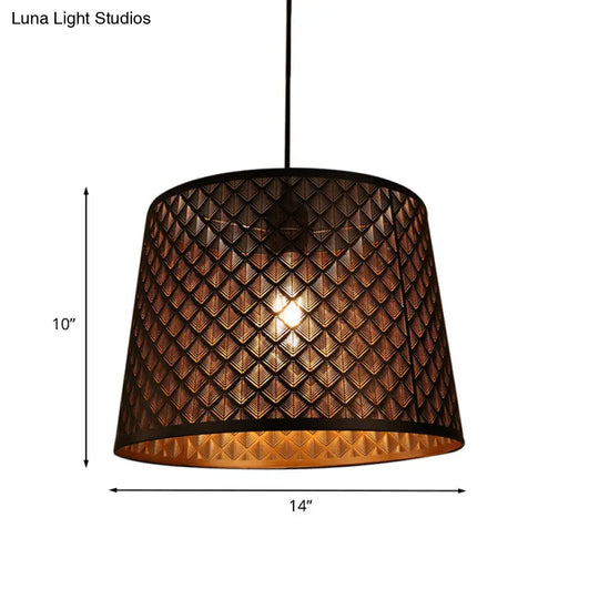 X-Cage Drop Lamp: Metallic Hanging Ceiling Light With Single Bulb & Black Truncated Cone Shade