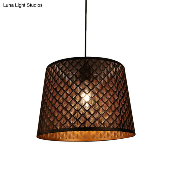 X-Cage Drop Lamp: Metallic Hanging Ceiling Light With Single Bulb & Black Truncated Cone Shade