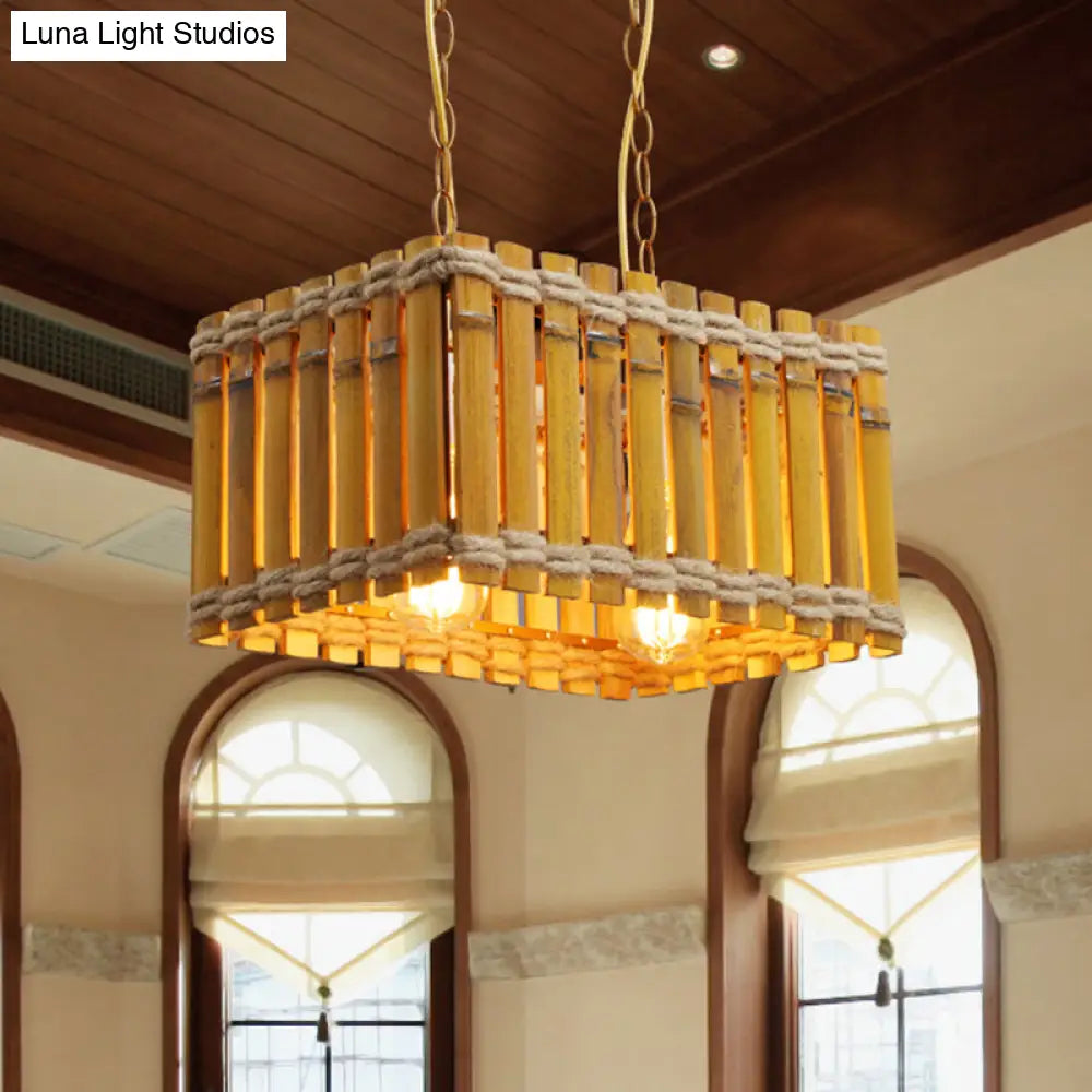 Yellow Bamboo Chandelier: Industrial 2-Bulb Ceiling Hang Fixture With Rope