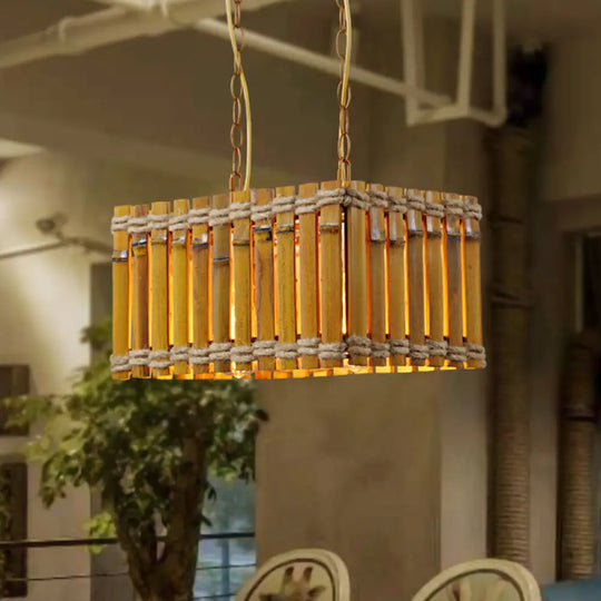 Yellow Bamboo Chandelier: Industrial 2-Bulb Ceiling Hang Fixture With Rope