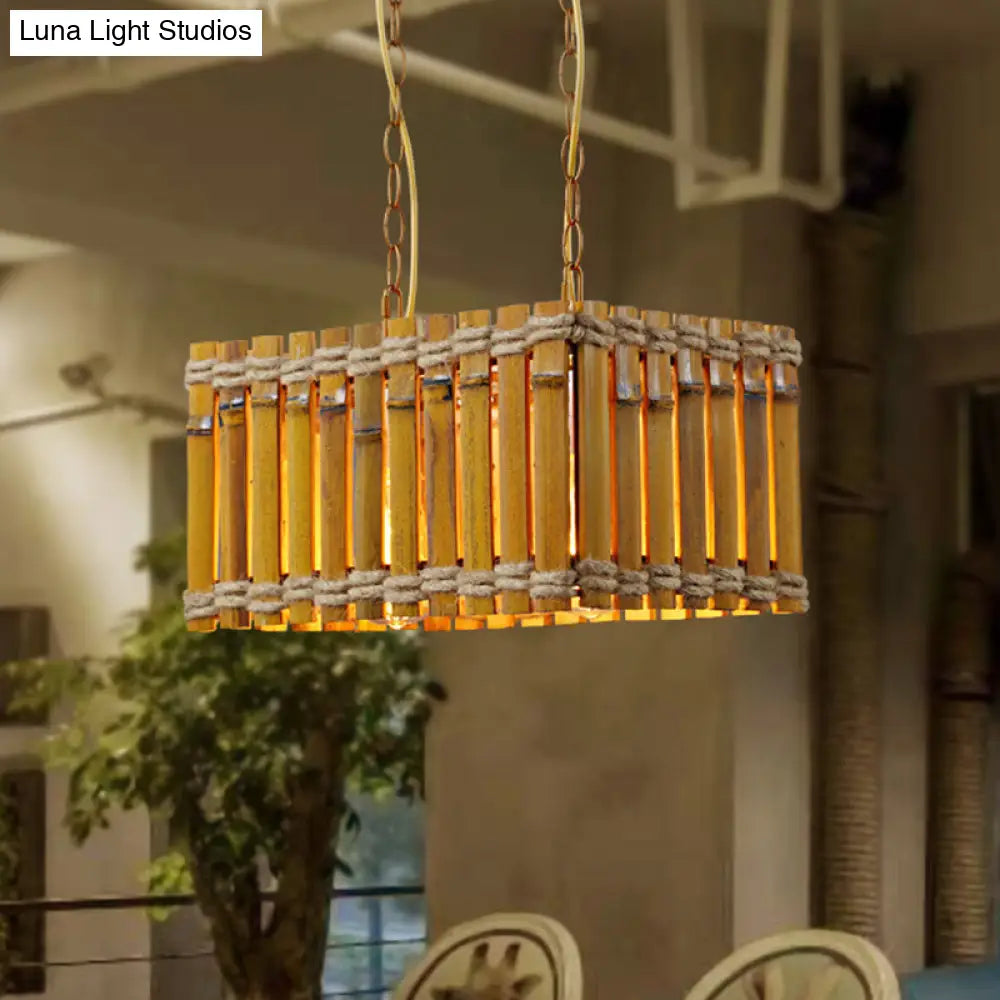 Bamboo Yellow Industrial Chandelier With 2 Bulbs And Rope Ceiling Hang