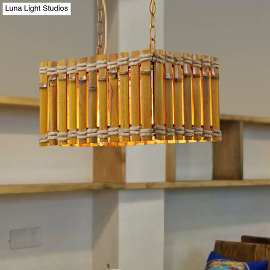 Yellow Bamboo Chandelier: Industrial 2-Bulb Ceiling Hang Fixture With Rope