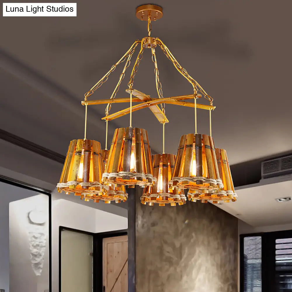 Yellow Bamboo Chandelier Lamp With Natural Rope - Retro Conical Suspension Lighting 6 Lights