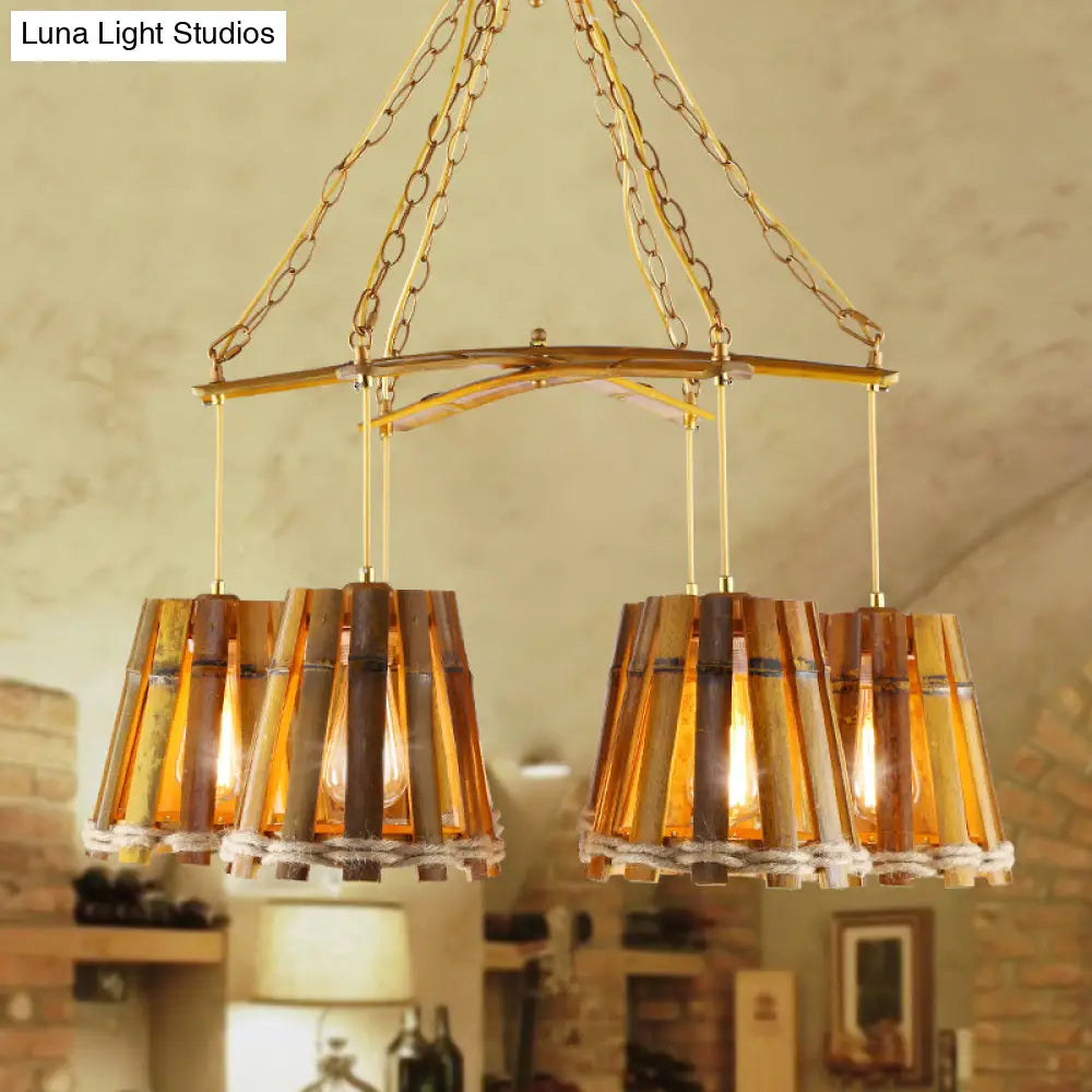 Yellow Bamboo Chandelier Lamp With Natural Rope - Retro Conical Suspension Lighting 6 Lights