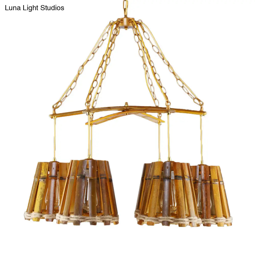 Yellow Bamboo Chandelier Lamp With Natural Rope - Retro Conical Suspension Lighting 6 Lights