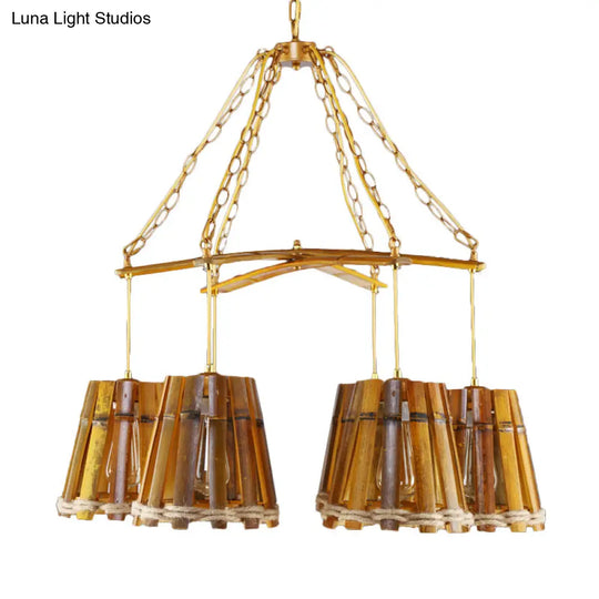 Yellow Bamboo Chandelier Lamp With Natural Rope - Retro Conical Suspension Lighting 6 Lights