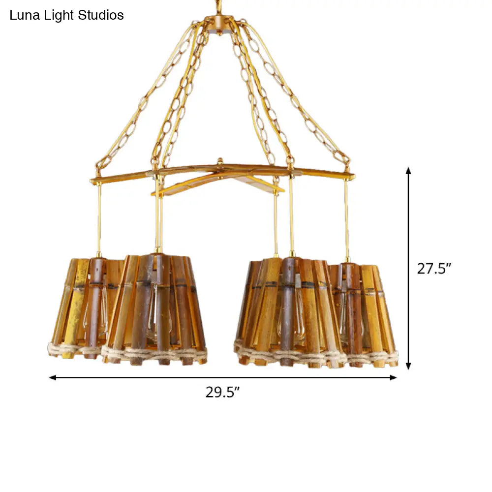 Yellow Bamboo Chandelier Lamp With Natural Rope - Retro Conical Suspension Lighting 6 Lights