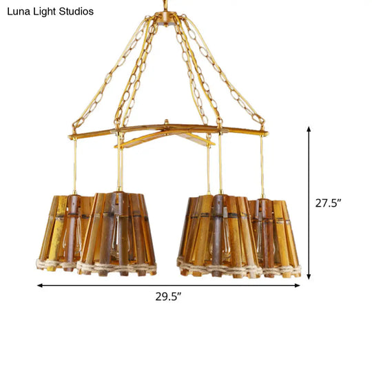 Yellow Bamboo Chandelier Lamp With Natural Rope - Retro Conical Suspension Lighting 6 Lights