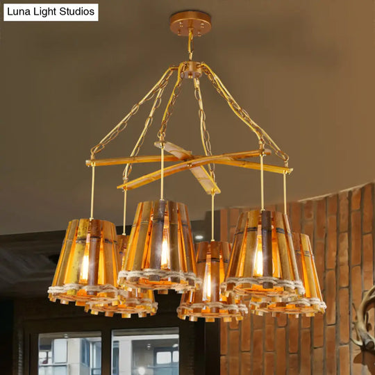 Yellow Bamboo Chandelier Lamp With Natural Rope - Retro Conical Suspension Lighting 6 Lights