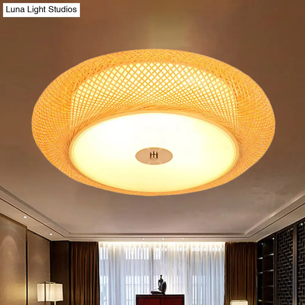 Yellow Bamboo Led Ceiling Light With Asian Drum Style - 16/19.5 Width For Living Room Flushmounts /