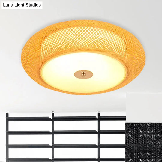 Yellow Bamboo Led Ceiling Light With Asian Drum Style - 16’/19.5’ Width For Living Room Flushmounts