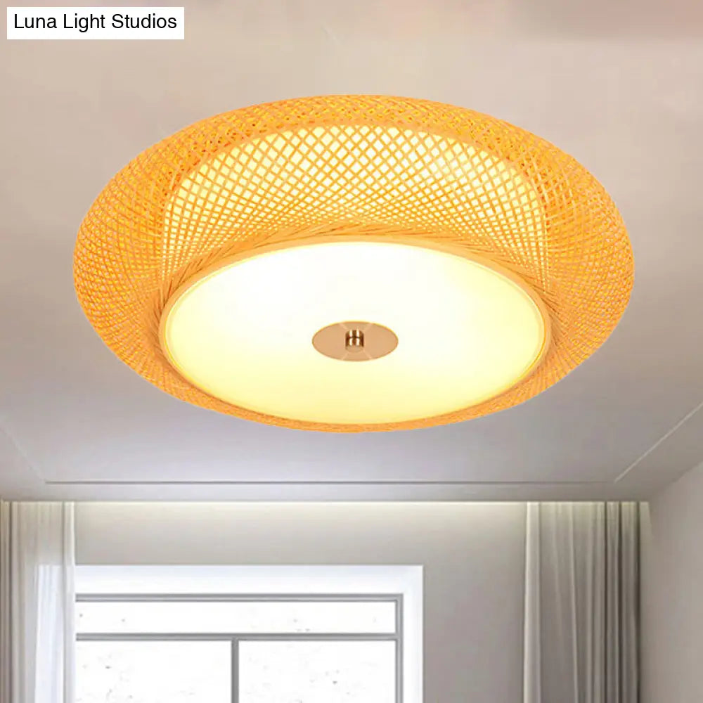 Yellow Bamboo Led Ceiling Light With Asian Drum Style - 16/19.5 Width For Living Room Flushmounts