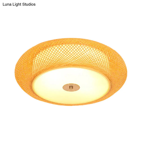 Yellow Bamboo Led Ceiling Light With Asian Drum Style - 16’/19.5’ Width For Living Room Flushmounts