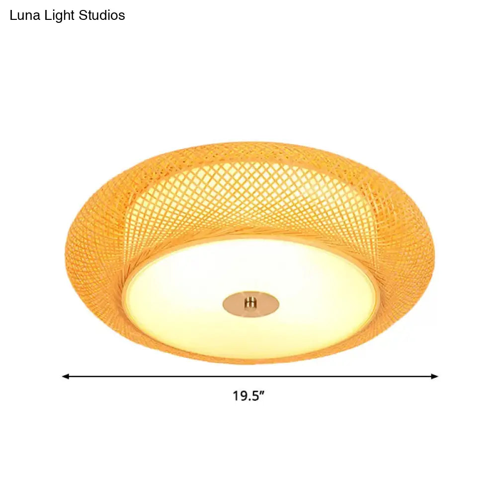 Yellow Bamboo Led Ceiling Light With Asian Drum Style - 16/19.5 Width For Living Room Flushmounts