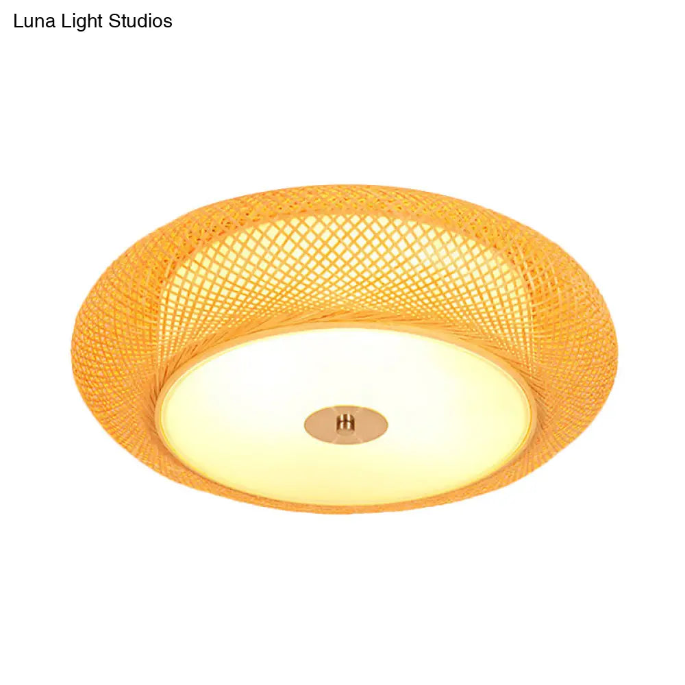 Yellow Bamboo Led Ceiling Light With Asian Drum Style - 16/19.5 Width For Living Room Flushmounts