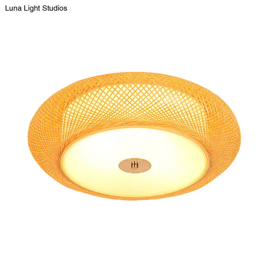 Yellow Bamboo Led Ceiling Light With Asian Drum Style - 16/19.5 Width For Living Room Flushmounts