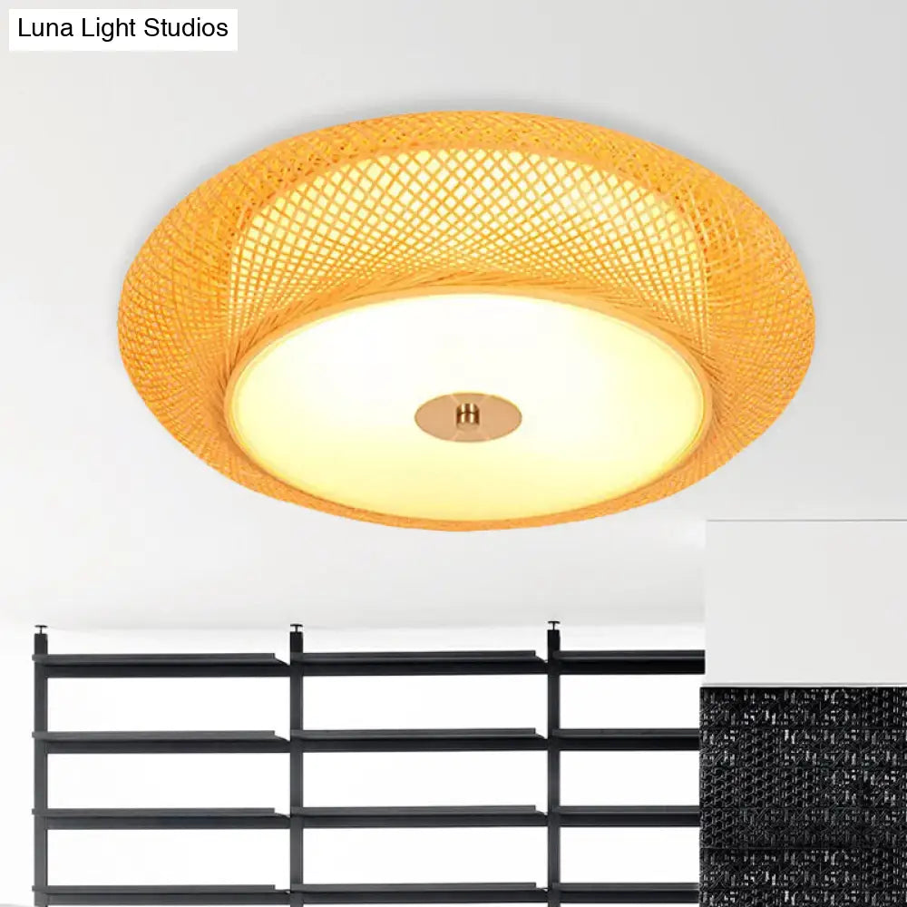 Yellow Bamboo Led Ceiling Light With Asian Drum Style - 16/19.5 Width For Living Room Flushmounts