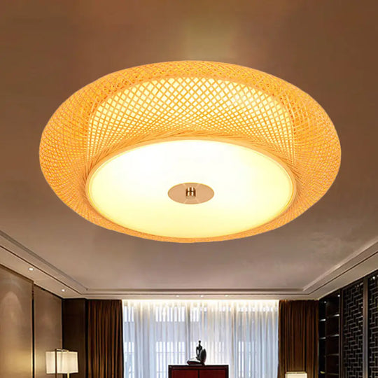 Yellow Bamboo Led Ceiling Light With Asian Drum Style - 16’/19.5’ Width For Living Room