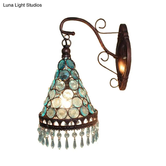 Yellow/Blue/Purple Art Deco Metal Wall Lamp With Dangling Glass Dining Room Accent Lighting