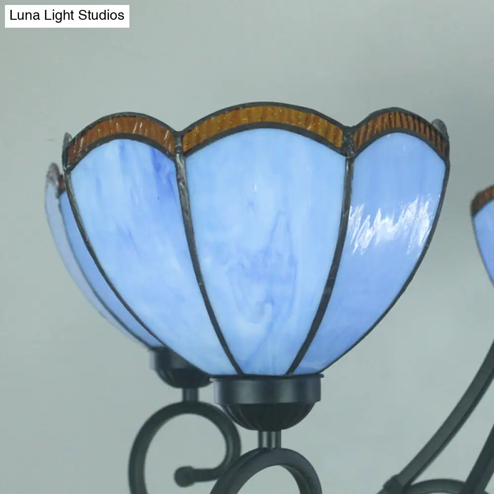 Yellow/Blue Tiffany Stained Glass Chandelier: Scalloped Style - 5-Light Pendant Lighting For Living