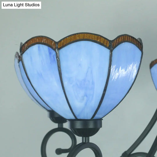 Yellow/Blue Tiffany Stained Glass Chandelier: Scalloped Style - 5-Light Pendant Lighting For Living