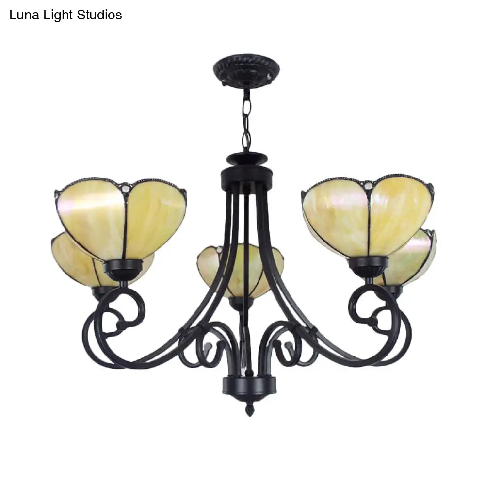 Yellow/Blue Tiffany Stained Glass Chandelier: Scalloped Style - 5-Light Pendant Lighting For Living