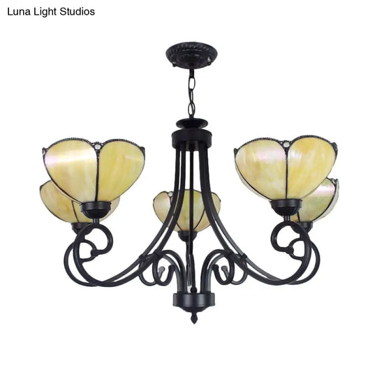 Yellow/Blue Tiffany Stained Glass Chandelier: Scalloped Style - 5-Light Pendant Lighting For Living