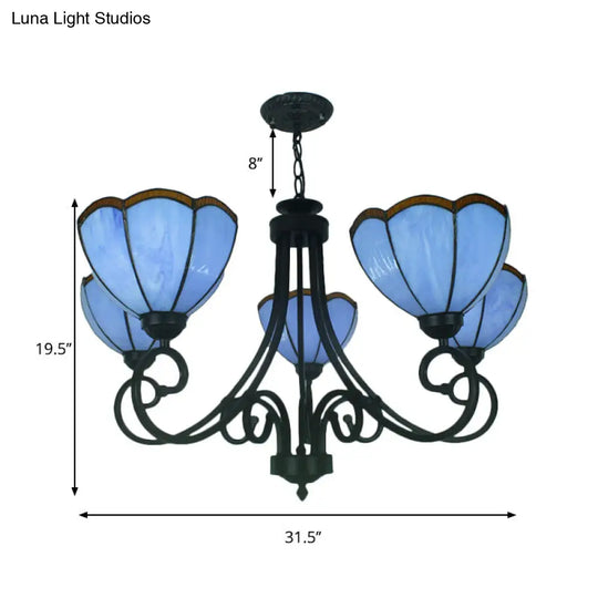 Yellow/Blue Tiffany Stained Glass Chandelier: Scalloped Style - 5-Light Pendant Lighting For Living