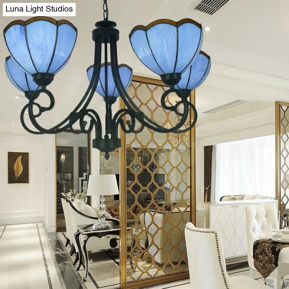 Yellow/Blue Tiffany Stained Glass Chandelier: Scalloped Style - 5-Light Pendant Lighting For Living