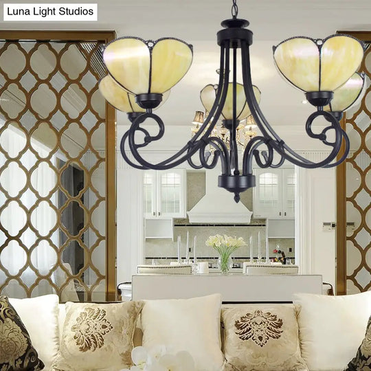 Yellow/Blue Tiffany Stained Glass Chandelier: Scalloped Style - 5-Light Pendant Lighting For Living