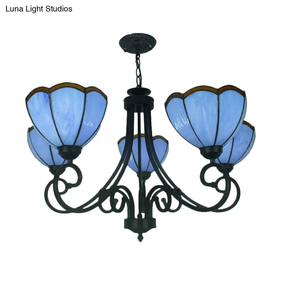 Yellow/Blue Tiffany Stained Glass Chandelier: Scalloped Style - 5-Light Pendant Lighting For Living